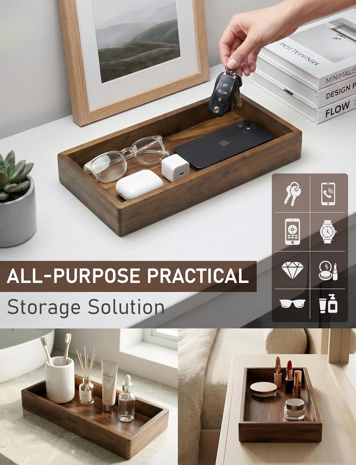 Valet Tray & Catchall, Dark Brown Acacia Wood Organizer, 12.2 x 6 in