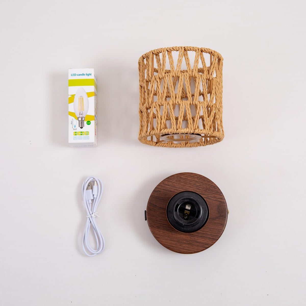 Small Rattan Table Lamp for Bedroom, Boho Bedside Lamp with Warm LED Bulb, Handwoven Wicker Nightstand Lamp for Nursery, Entryway & Dorm, Mini Ambient Night Light with Wood Base (8.6" Tall)
