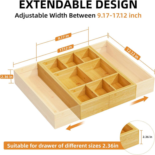Bamboo Expandable Drawer Organizer, Desk Drawer Organizer Tray with 5 Dividers, Desk Organizers and Accessories, 10 Adjustable Compartments for Office Supplies, Junk, Makeup & Vanity