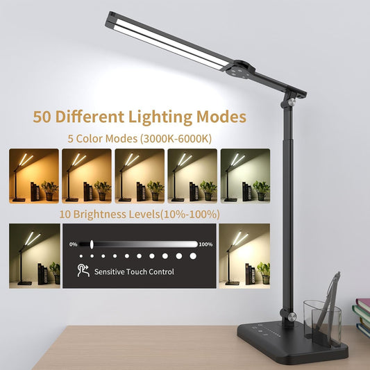 LED Desk Lamp Dual Heads, Dual USB Port, Height Adjustable, 15W