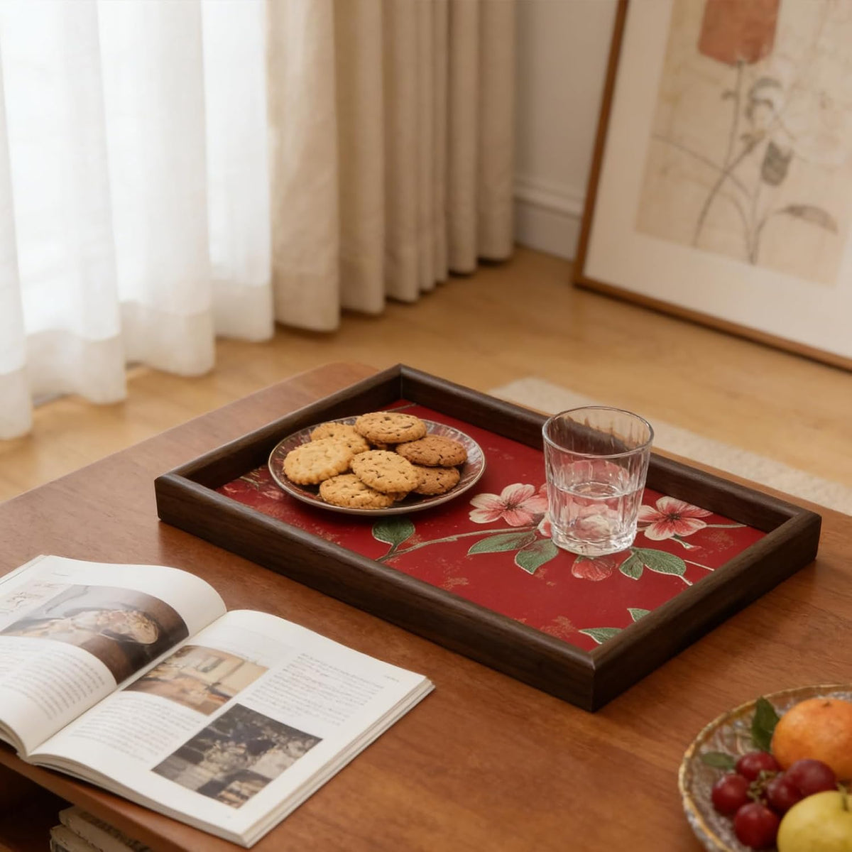 Wooden Valet Tray with Leather Base, Boho 11.8x7.9