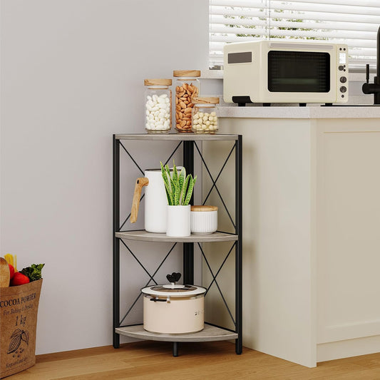 Corner Shelf for Desktop, 3-Tier Corner Storage Organizer with Metal Frame, Freestanding Corner Shelf Stand Display Rack for Kitchen Counter, Living Room, Grey