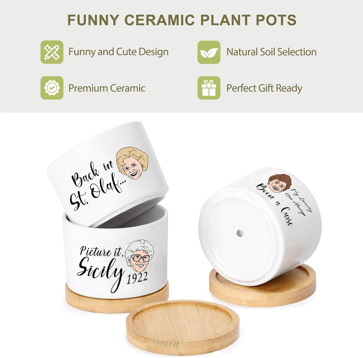 Golden Girls Merchandise - Funny Succulent Pots Set of 4, Golden Girls Gifts for Women, Ceramic Mini Cute Planters with Bamboo Tray for Office Desk Indoor Decorations