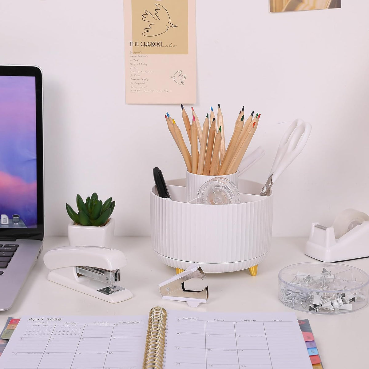 Pink Desk Accessories 11Pcs with Rotating Pen Holder for Desk