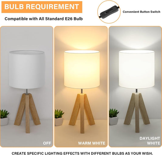 Small Beside Table Lamp, Wood Tripod Table Lamp with White Fabric Shade, Cute Boho Nightstand Minimalist Desk Lamp for Bedroom Living Room Nursery Kids Room Office Dorm, Bulb Not Included
