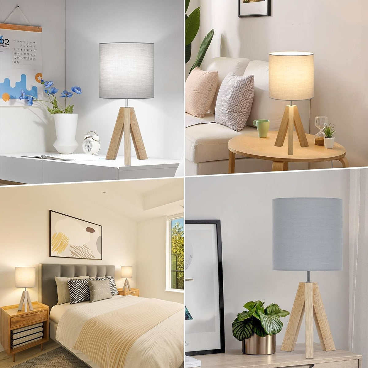Small Beside Table Lamp, Wood Tripod Table Lamp with White Fabric Shade, Cute Boho Nightstand Minimalist Desk Lamp for Bedroom Living Room Nursery Kids Room Office Dorm, Bulb Not Included