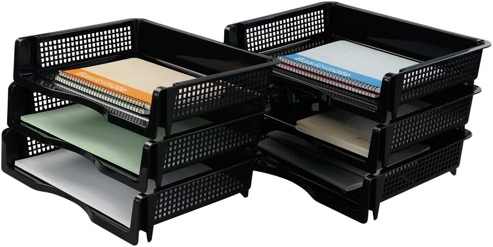 Plastic Stackable File Paper Storage Tray, Office Stackable Letter Tray, Black, 6 Pack