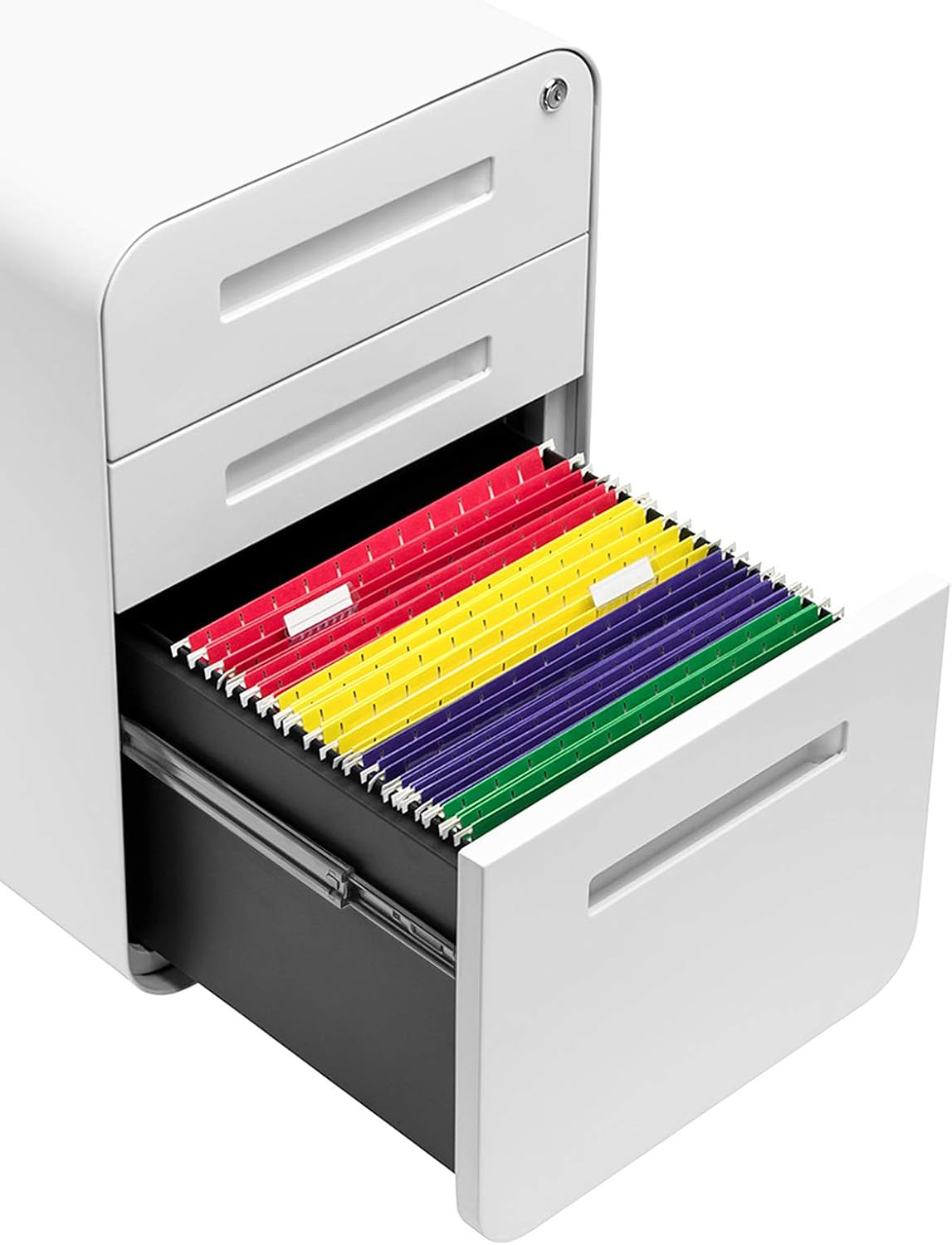 Stockpile 3 Drawer File Cabinet with Lock - Under Office Desk Metal Filing Cabinet, Legal/Letter File Folders, Wheels and Stationary Feet, Pre-Assembled, White/Wood