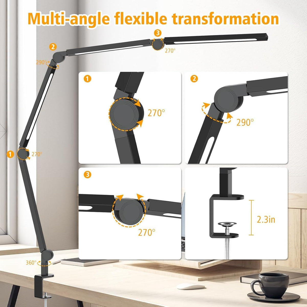 Bright LED Desk Lamp with Clamp,Eye Caring Architect Led Desk Lights with Adjustable Swing Arm for Office Home,Dimming and Tempering Led Table Light