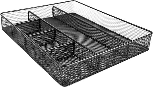 Metal Mesh Desk Organizer with 6 Compartments, Anti-Slip Pen Holder Storage Tray for Office Supplies and Home, Black