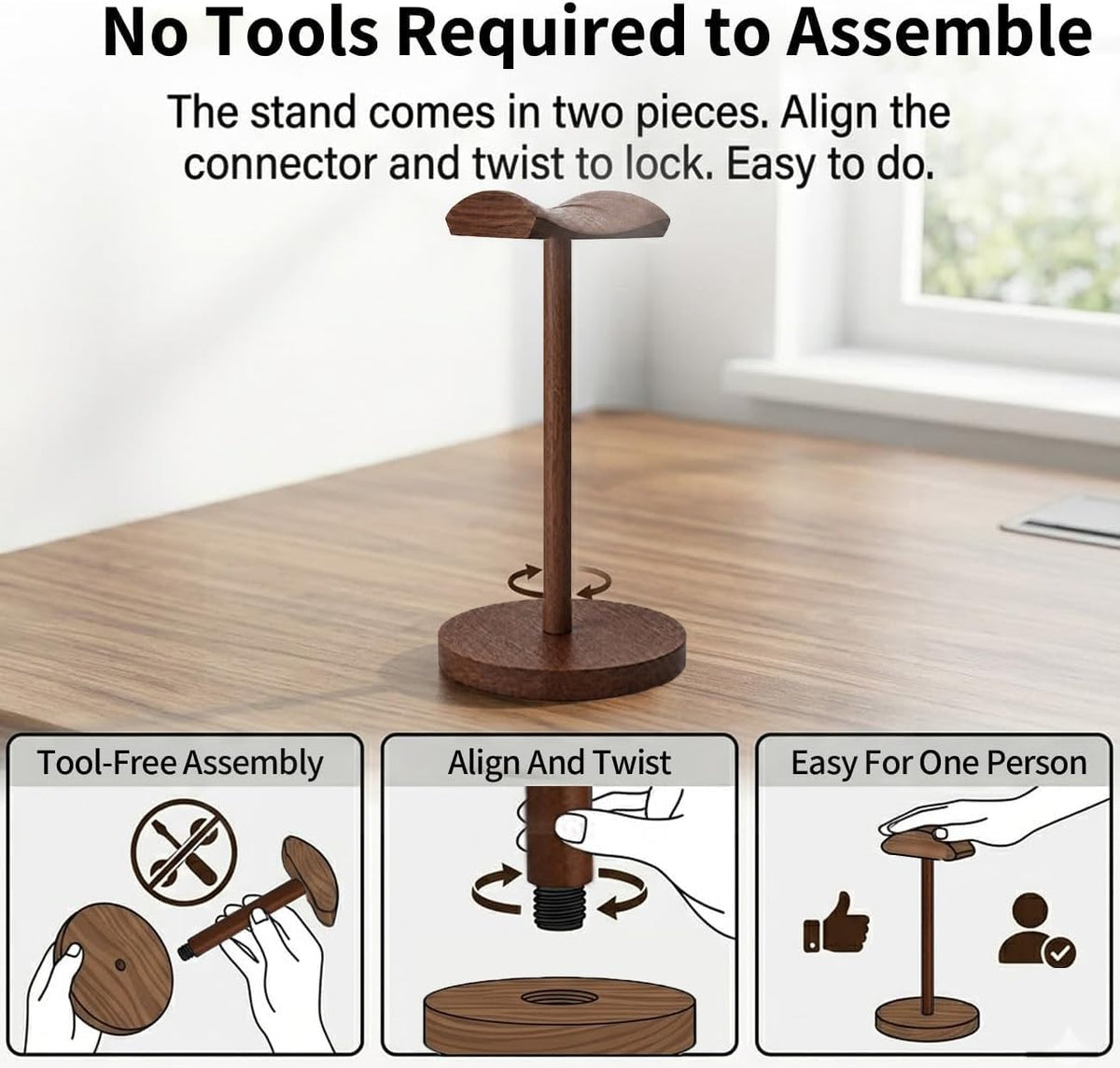 Headphone Stand Nature Wood & Metal Headset Hanger Mount Hook Gaming Holder Desktop Earphone Artful Functional Craftmanship Stand for All Headsets with Solid Wooden Base