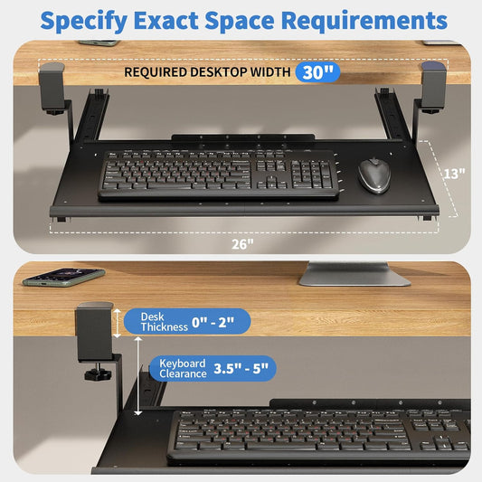 Keyboard Tray Under Desk - Full Metal Slide Out Holder, Rust-Resistant & Scratch-Proof, 26x13" Tray, Double C-Clamps for L Shape/Regular Desks, Standing/Sitting Workstation(Black-A)