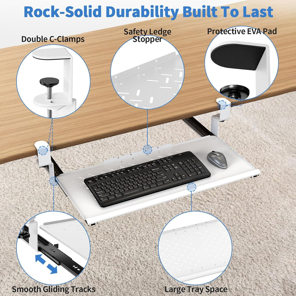Keyboard Tray Under Desk - Full Metal Slide Out Holder, Rust-Resistant & Scratch-Proof, 26x13" Tray, Double C-Clamps for L Shape/Regular Desks, Standing/Sitting Workstation(Black-A)