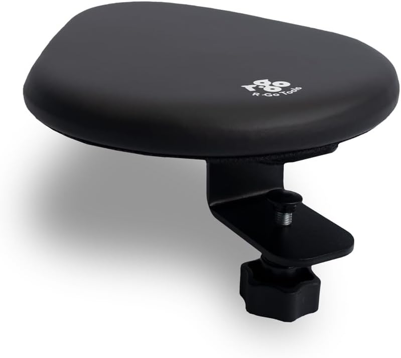 R-Go Arm Rest for Desk, Distance Adjustable, Ergonomic Desk Extender Tray, Elbow & Wrist Supoort, Soft Sponge Built-in, Easy Typing Pain Relief, Punch-Free Clamp on, Black