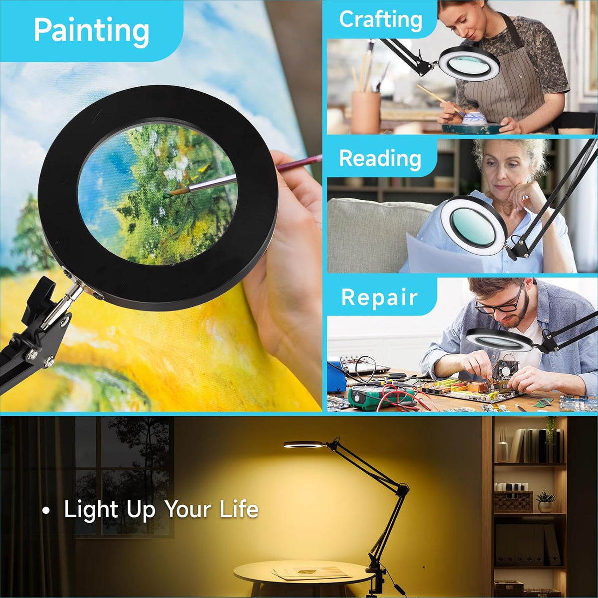 LED Magnifying Desk Lamp with Stand and Clamp for Repair, Crafts, Reading