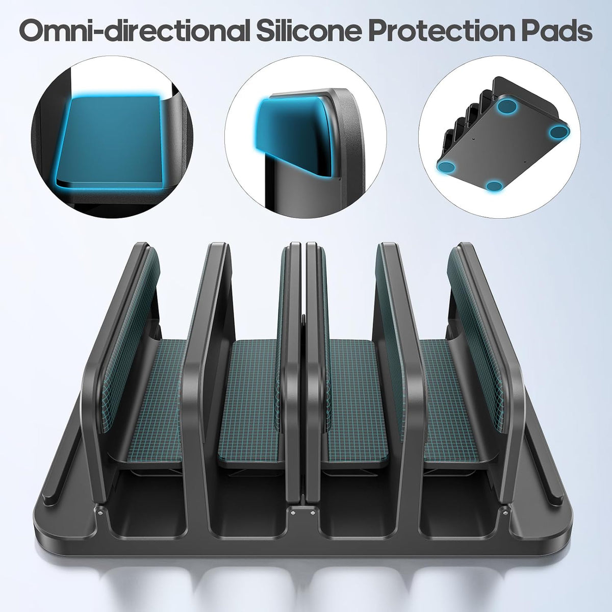 4-Slot Vertical Laptop Stand with Gravity Locking, 6-in-1 Laptop Holder Desktop Stand, Space-Saving Organizer Fits MacBook/Surface/HP/Dell/Book/Tablet/Switch/Cell Phone and Keyboard