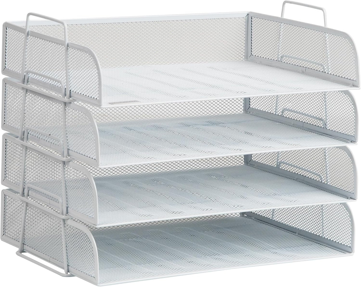 Stackable Paper Tray, Desktop Organizer, File Storage, Office, Metal Mesh, 4 Pcs., Black