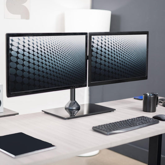 Freestanding Dual Monitor Stand with Sleek Glass Base and Adjustable Arms, Mounts 2 Screens up to 32 inch and 22 lbs Each, Black, STAND-V002FG