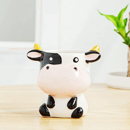 Cute Animal Ceramics Planter Small Succulent Pot Cartoon Shaped Plant Pot for Mini Plants Flower Cactus, Smooth Shiny Ceramic - Plants Not Included (Cow)