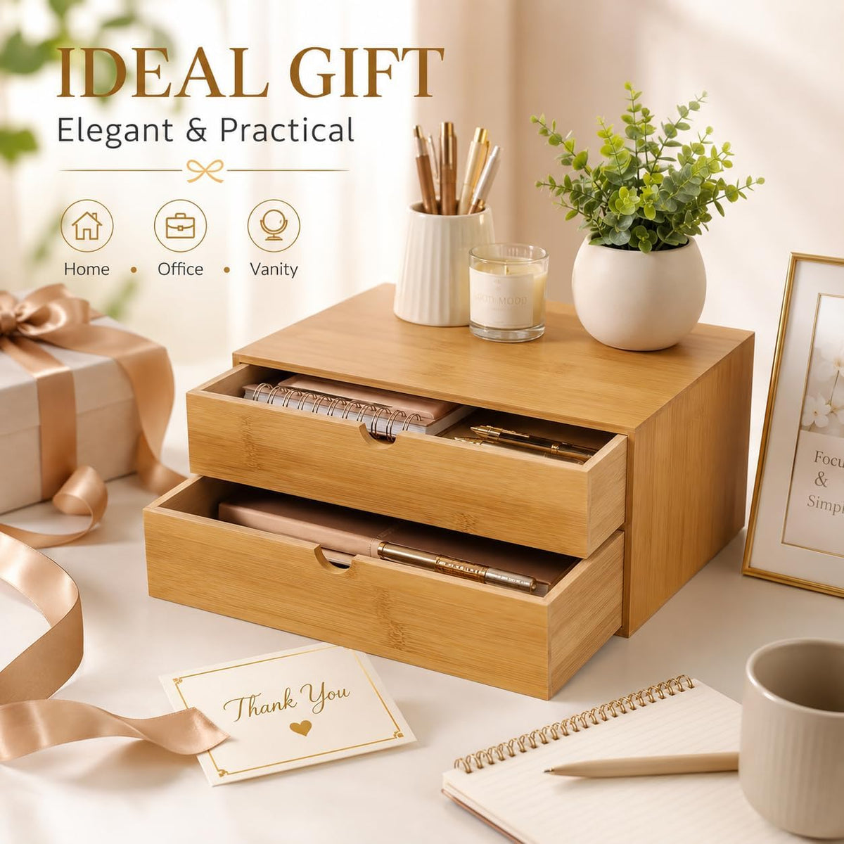Bamboo Desk Organizer with 2 Drawers, Natural Wood Tabletop Storage Box | No-Assembly Countertop Drawer for Office Home Makeup Jewelry Stationery