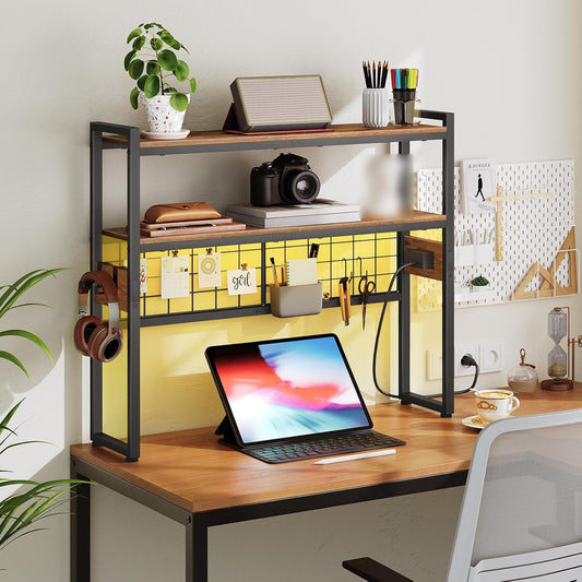 Desktop Bookcase, 2-Tier Desktop Organizer, 29.9" Wooden Office Storage Rack with Outlets, Display Shelf Rack with Light Strip, Desk Hutch for Office, Rustic Brown BF11UDSJ01