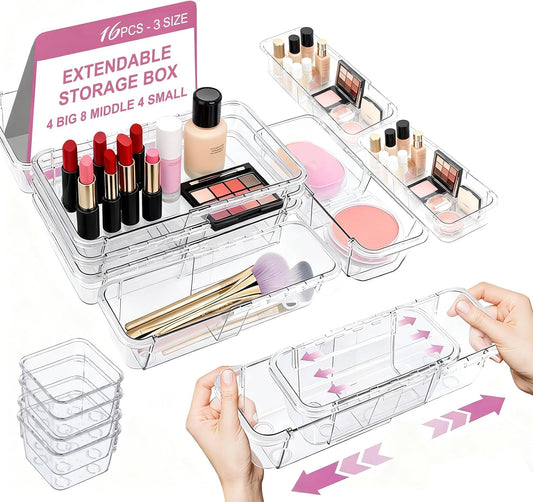16 Pcs Upgraded Extendable Clear Drawer Organizer, Adjustable Vanity Storage Box, 3-Size Desk Drawer Organizer, Durable Storage Bins for Makeup, Cosmetic, Bedroom Dressers Tool Organizer for Gadgets