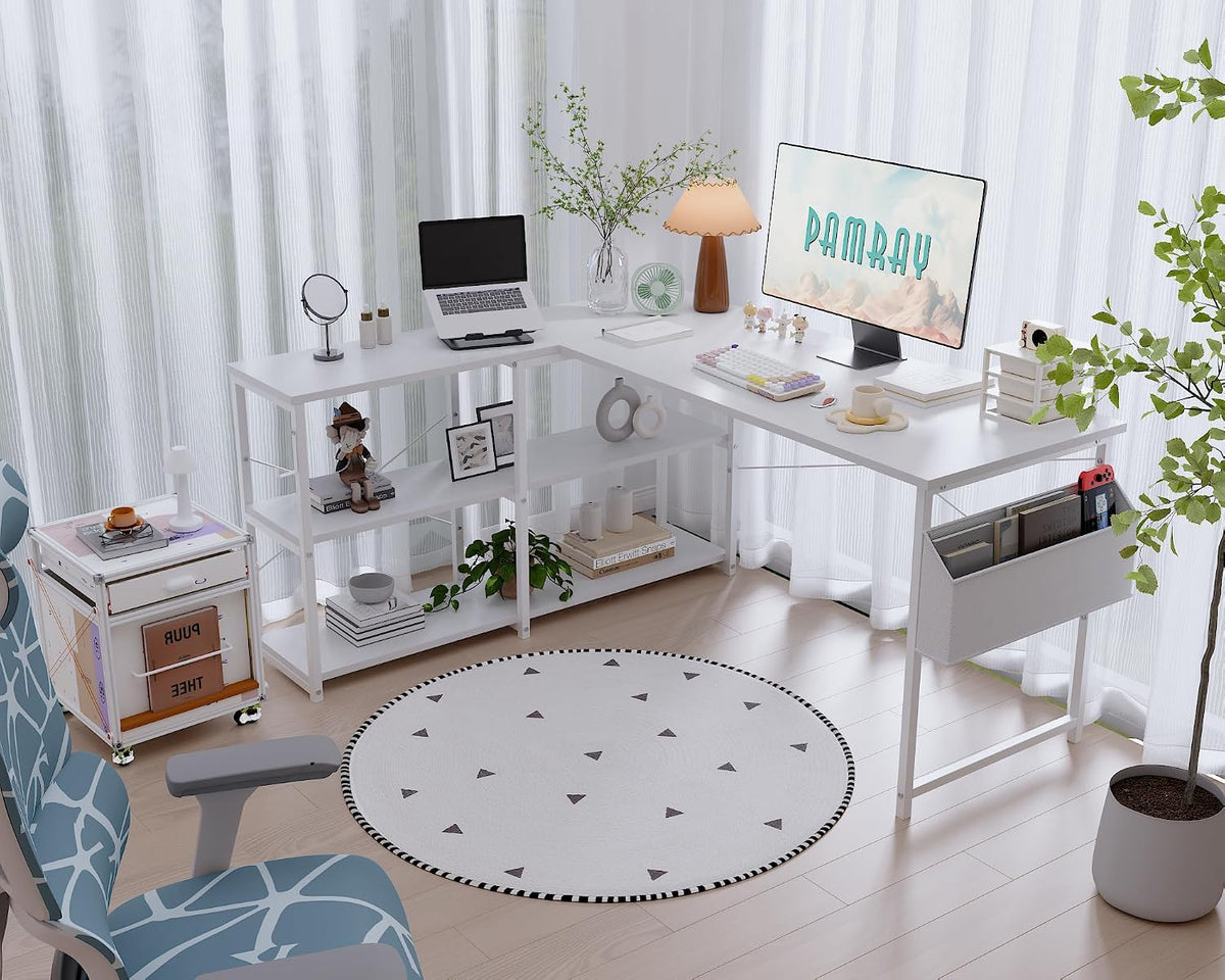 40 Inch L Shaped Computer Desk with Reversible Side Storage Shelves, Small Corner Desk for Small Space Home Office, Writing Study Table PC Desk for Bedroom, Black