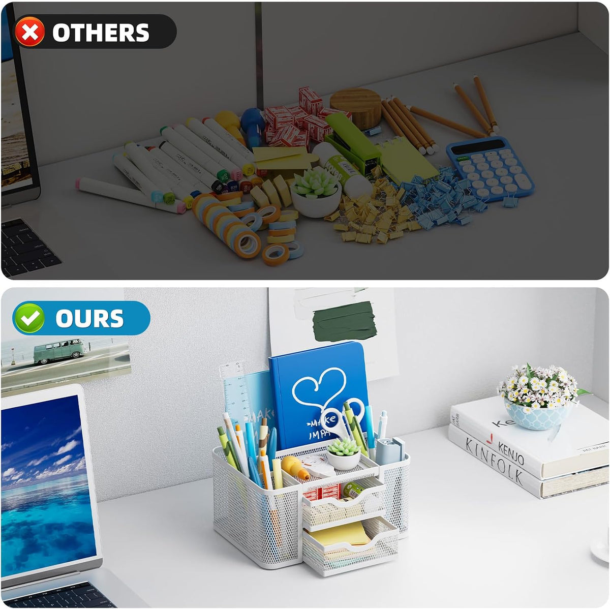 Mesh Desk Organizer, Pen Organizer with 2 Drawer, Multi-Functional Pencil Holder, Desk Organizers and Accessories with 5 Compartments + Drawer for Office Art Supplies (Black)