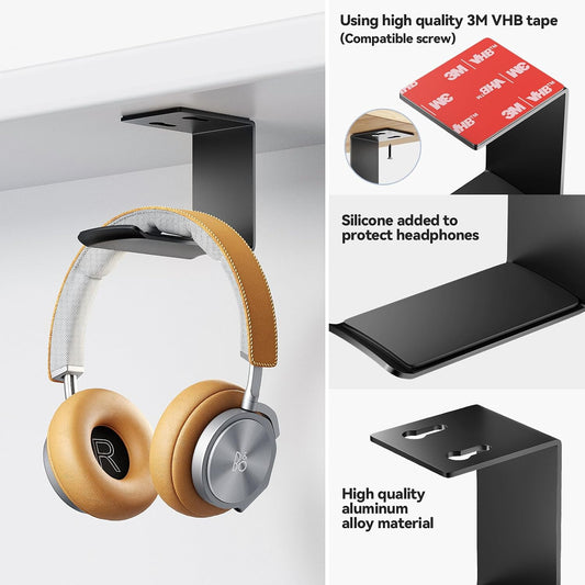 Aluminum Headphone Hanger, Under Desk Adhesive Mount, 10 lb Capacity