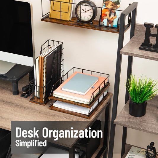 2-Tier Rustic Letter Tray Organizer with Metal Frame, Wood Base for Desk or Office, Stackable, Metal and Wood, Black