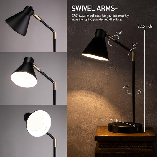 Astrum - LED Desk Lamp with Dual USB Charging Ports, 100% Metal, 270 Degree Swivel Arms, Soft White Light (3000K), Bedside & Home Office Table Lamp, ETL Listed, Black