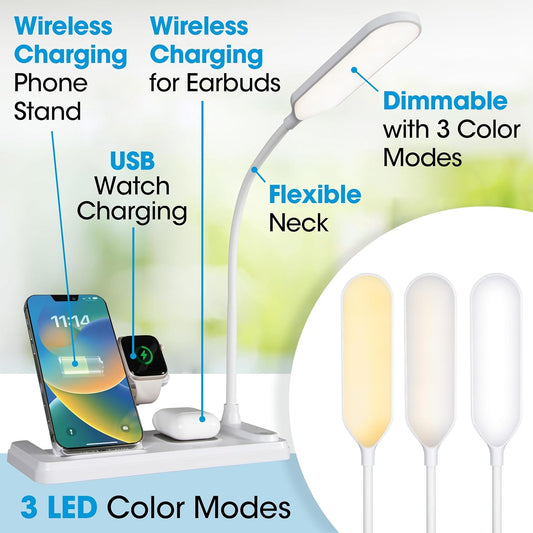 LED Desk Lamp with Multi-Device Wireless Charging Station, White