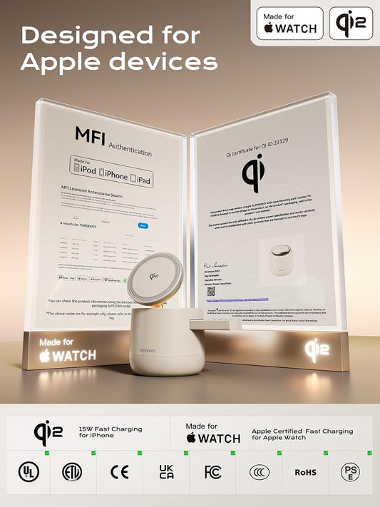 4 in 1 Qi2 Magnetic Wireless Charging Station, 15W Fast Charger with Made for Apple Watch Charging Module, for iPhone 17–12 Series & AirPods, 65W Adapter Included