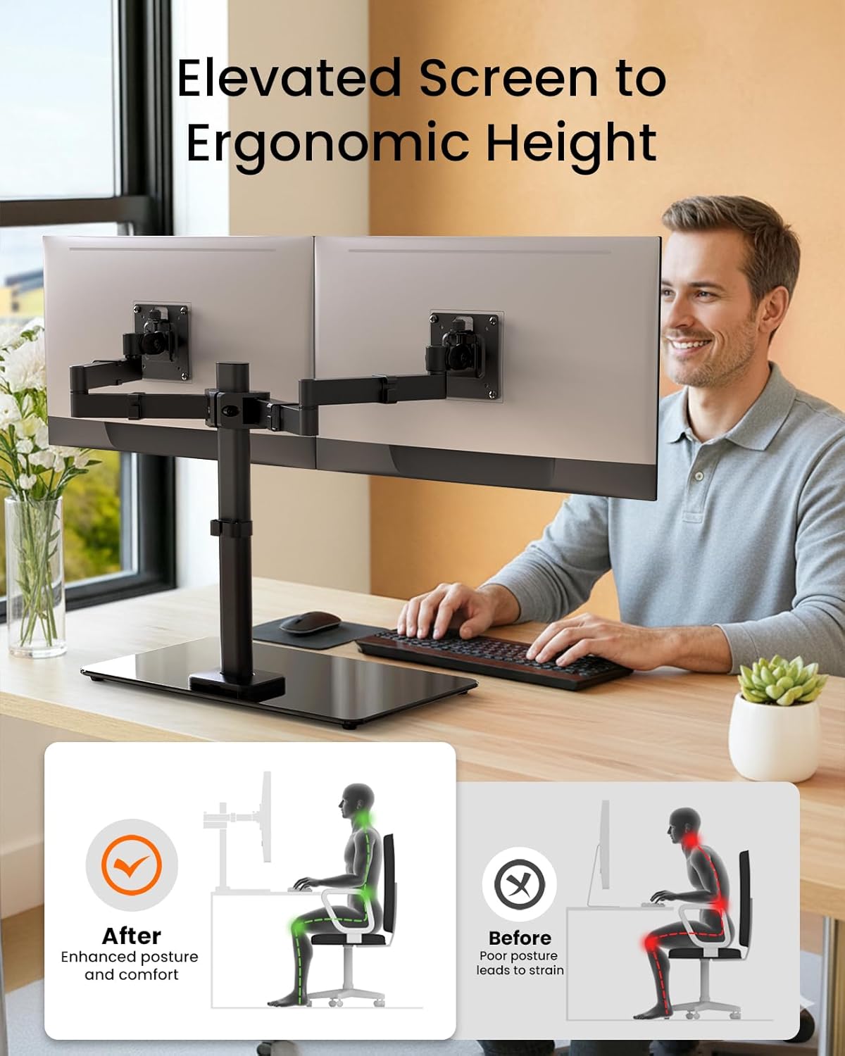 Freestanding Dual Monitor Stand for 17 to 32 Inch Screens, Computer Monitor Mount for 2 Screens, Dual Monitor Arm with Tempered Glass Base, VESA Mount Desk Stand Holds 22 lbs per Arm
