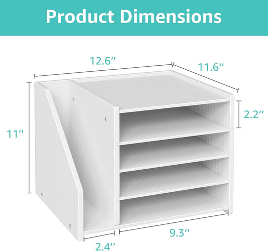 4-Tier White Wood Desk Paper Organizer, Modern Desktop Letter Tray for File Folders, White Office Desk Shelf Accessories & Workspace Organizers for A4 Documents, Sturdy Wood Sorter