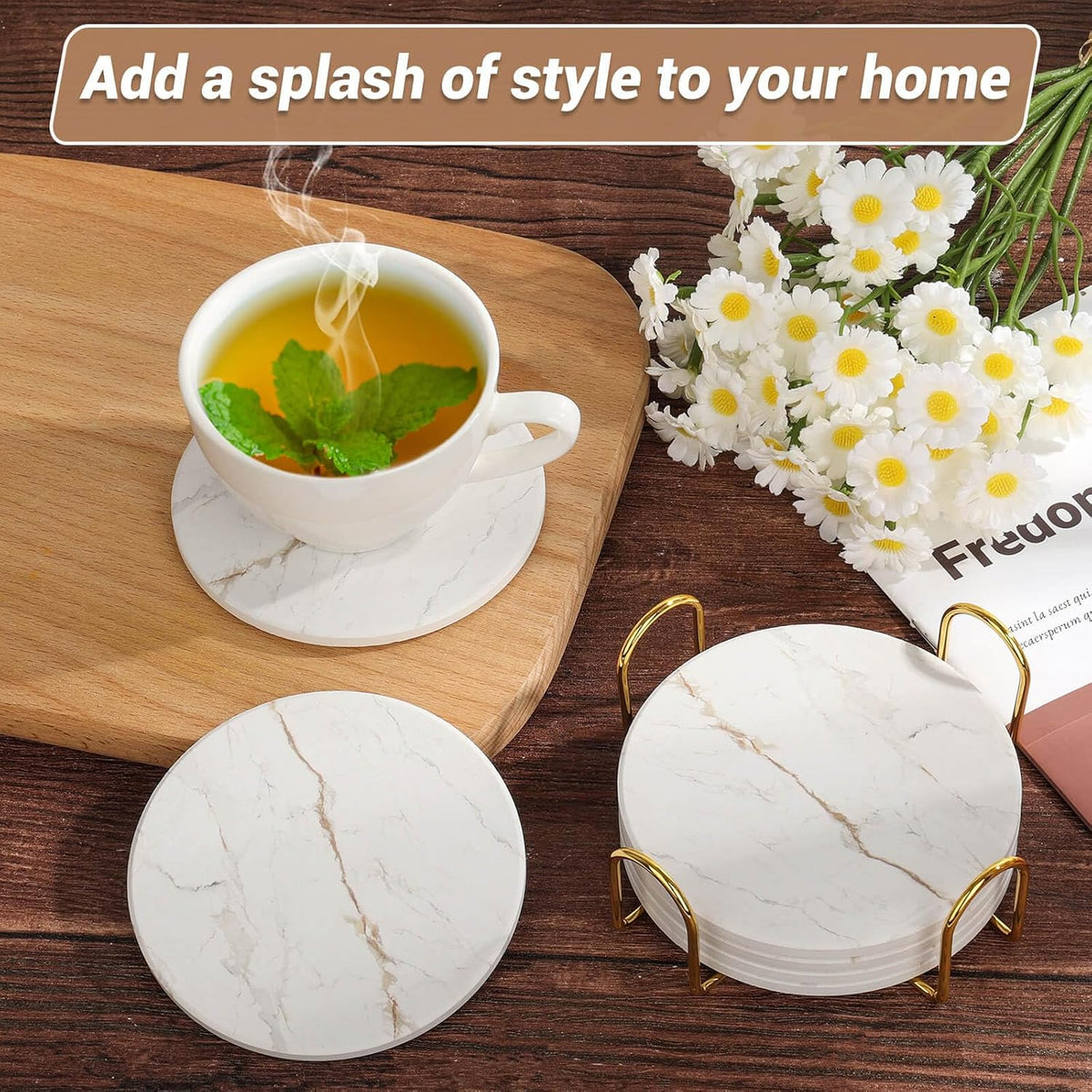 Acejoz Drink Coasters with Holder for Coffee Table, Absorbent Coaster Set of 6, Marble Style Ceramic Coaster for Wooden Table, Suitable for Kinds of Cups, Home Decor, 4 Inches