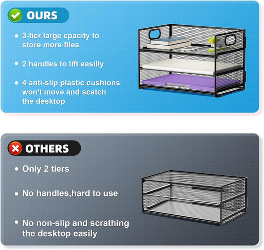 3 Tier Paper Organizer Letter Tray, Mesh File Organizer with Handle, Paper Sorter Desk Organizer for Home Office Supplies