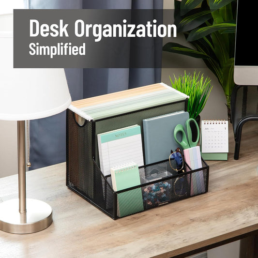Desktop Organizer with Hanging File Storage, 4 Compartment Letter Size File Holder, Metal Mesh Desk Organizer for Office and Home, Black