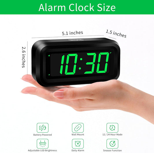 1.2 Inch Small Digital Alarm Clock, Green LED Display with Adjustable Brightness & Night Mode, Battery Operated Portable Desk Clock, for Bedroom, Travel, Kids, Wall Mount (Snooze, 12/24H)