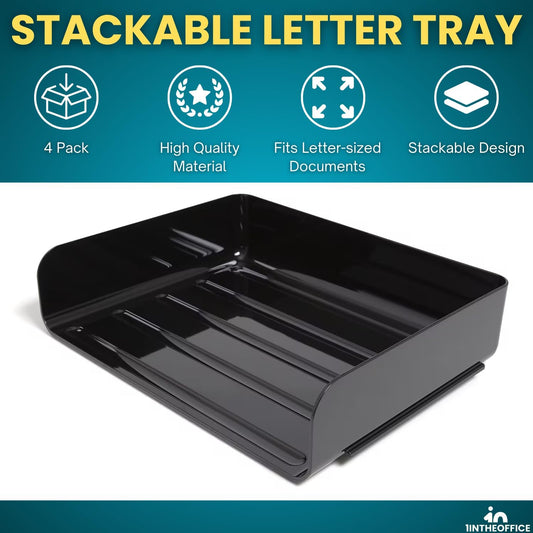 Stackable Paper Tray Organizer, Plastic Letter Tray, Office Desk Tray, Black (4Pack)