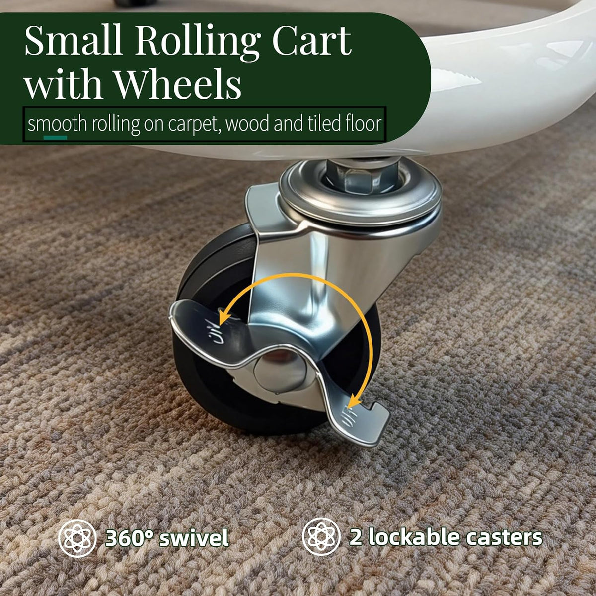 2 Tier Short Rolling Cart with Wheels for Under Desk Storage & Pantry Storage, Large Capacity Metal Kitchen Utility Cart for Small Space, Laundry Room Organizer Side Table with 4 Hooks, White
