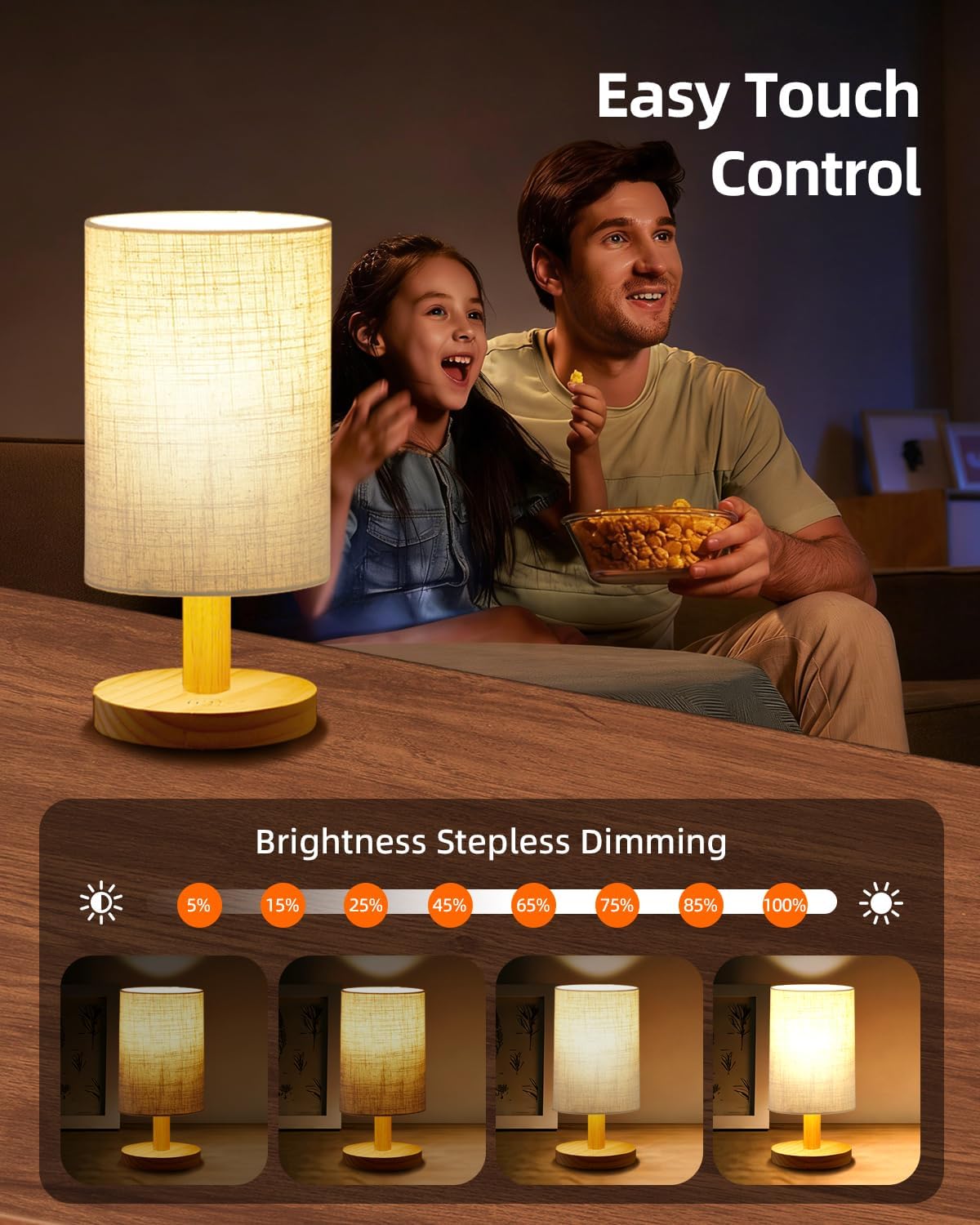 Small Table Lamp for Bedroom - Inline Control, Bedside Lamp for Warm Light LED Desk Lamp, Wood Base Round Flaxen Fabric Shade for Kids Room, Living Room, College Dorm, Home, Office