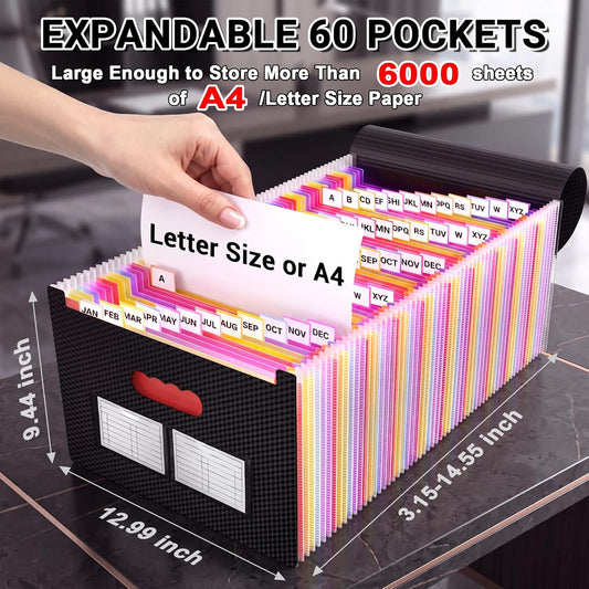 Accordian File Organizer, 60 Pockets Large Expanding File Folder Organizer with Blank Labels, Letter/A4 Size Accordion Files Organizers Expandable for Receipt, Bill, Tax, Legal