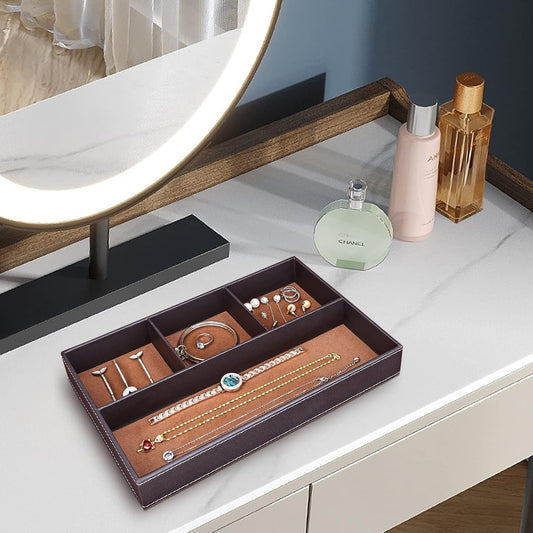 Faux Leather Valet Tray for Men, Stackable Jewelry Organizer for Drawers Inserts, Nightstand Caddy Tray for Key, Wallet, Sunglass, Watch, Coin, Phone, Bedside Desktop Storage Brown