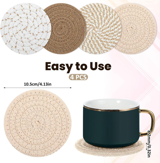 Woven Coasters, Brown Cute Coasters for Desk Minimalist Aesthetic Coaster Set of 4 for Kitchen Dining Coffee Desk Tabletop Protection Housewarming Gift for Home Decor (4.13in/10.5cm)