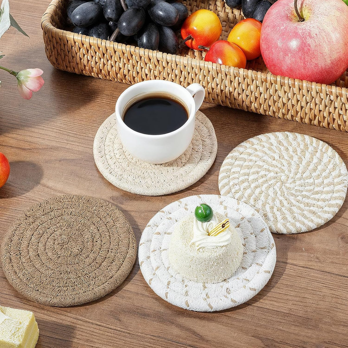 Woven Coasters, Brown Cute Coasters for Desk Minimalist Aesthetic Coaster Set of 4 for Kitchen Dining Coffee Desk Tabletop Protection Housewarming Gift for Home Decor (4.13in/10.5cm)