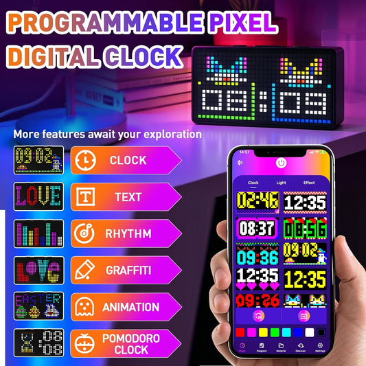 Programmable Pixel Digital Clock for Desk, Plug-in, Busy Box Sign,Pomodoro Timer, Alarm, Bluetooth APP Control, Custom Text, Patterns, Animations