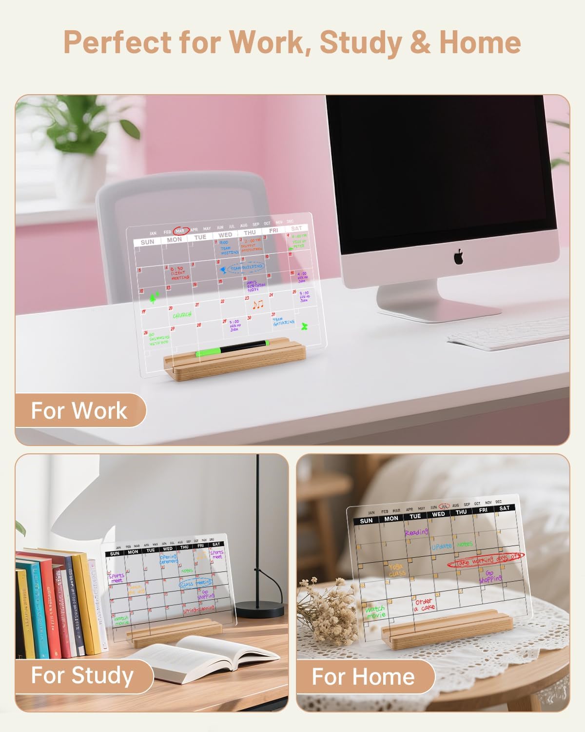 Acrylic Dry Erase Monthly Calendar Board for Desk, 9x13 Transparent Acrylic Whiteboard with Date Grid, Wood Stand, 6 Wet Erase Markers, for Home, Office, School (Black Text)