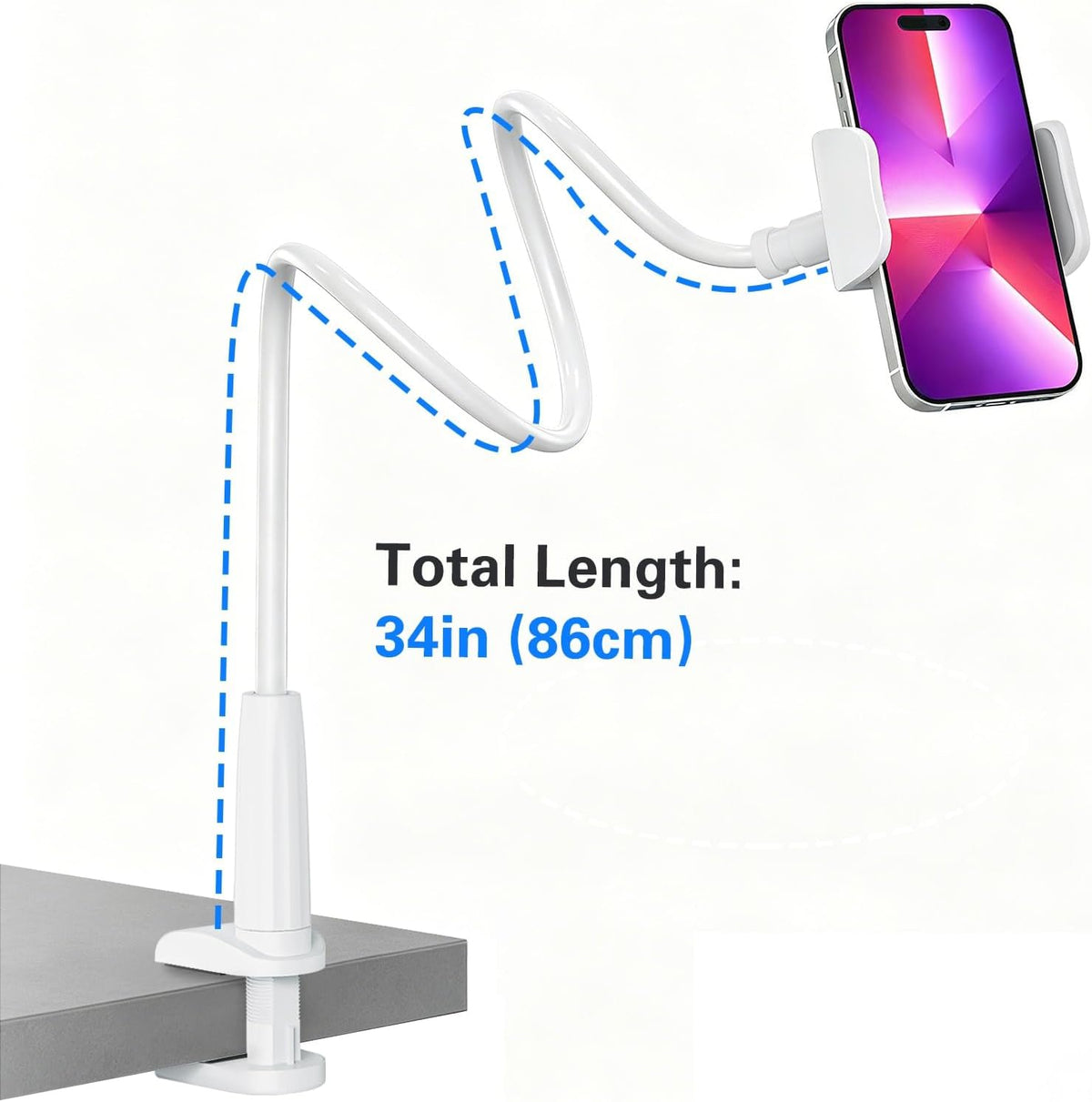 Gooseneck Phone Holder for Bed, 30in Flexible Overhead Cell Phone Mount for Desk, Hands-Free Viewing Clamp Stand Compatible with iPhone 17 16 15 Pro Max and 3.5-7" Devices