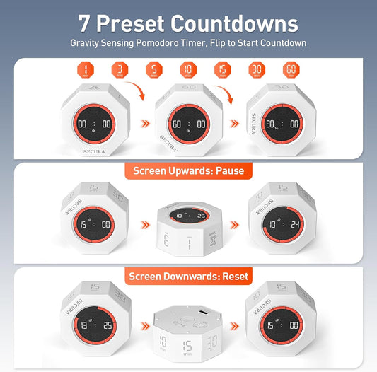 Pomodoro Timer with 1/3/5/10/15/30/60 Min Presets, 3 Level Volume